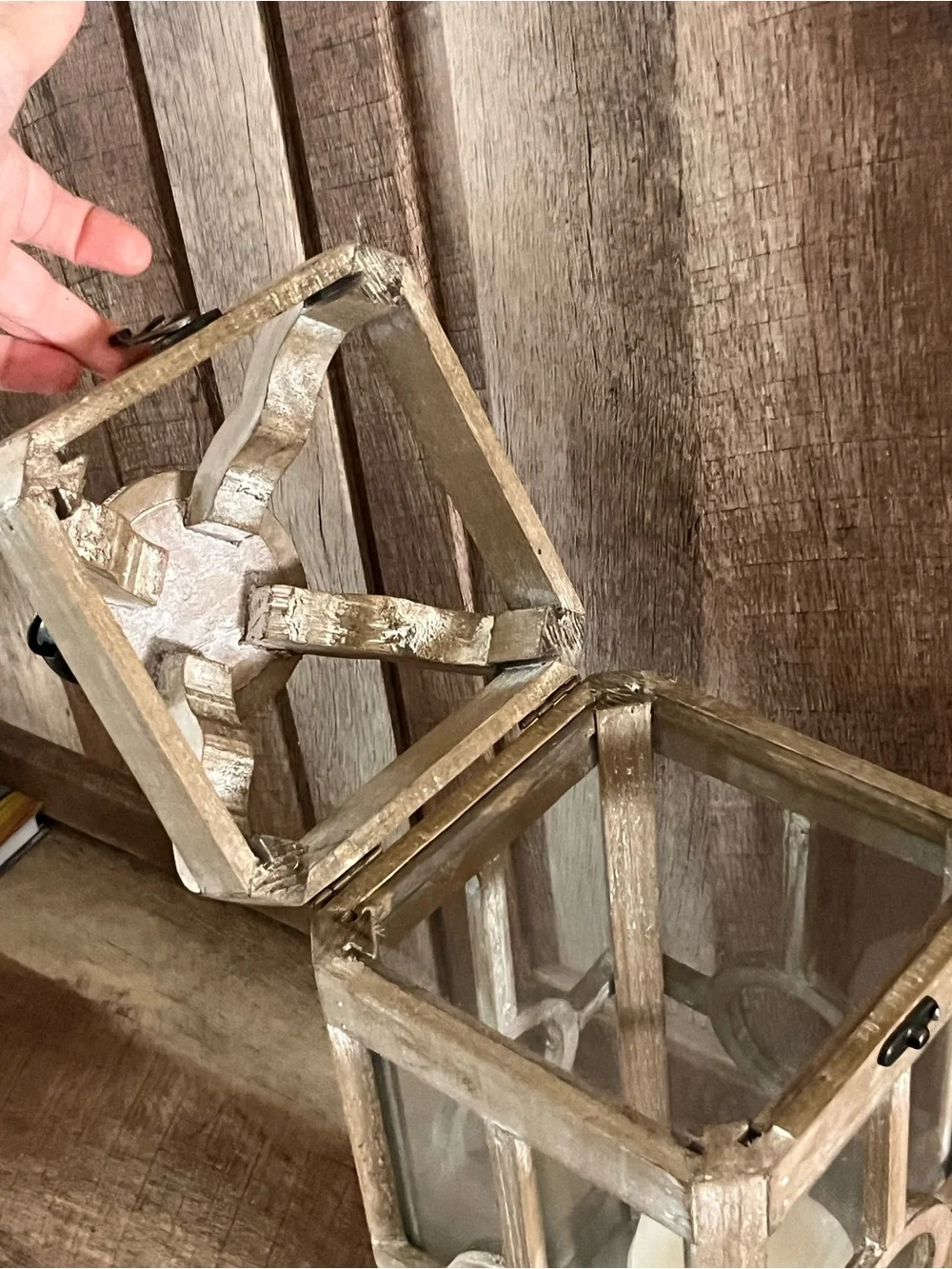 Rustic Wood and Glass Lantern with Black Metal Top - Natural